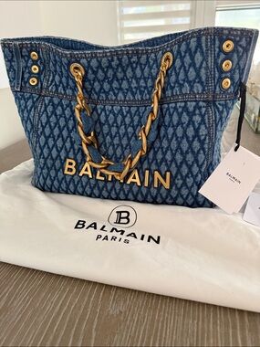Balmain Denim Monogram Quilted Tote with Gold Chain